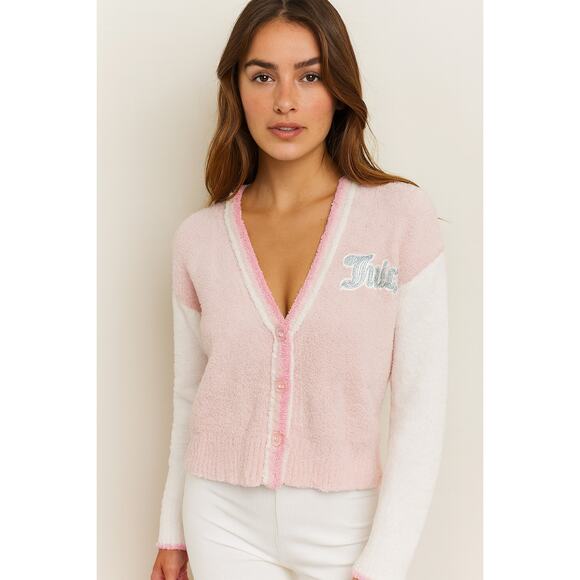 NWOT Juicy Couture Varsity Knit plush Crop Lifestyle Cardigan cozy y2k sweater S - Picture 1 of 8